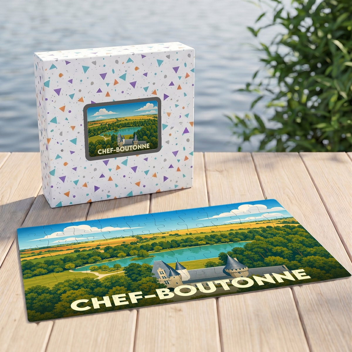 Puzzle souvenir de la ville de Chef-Boutonne avec une illustration stylisée de son château et de son paysage verdoyant.