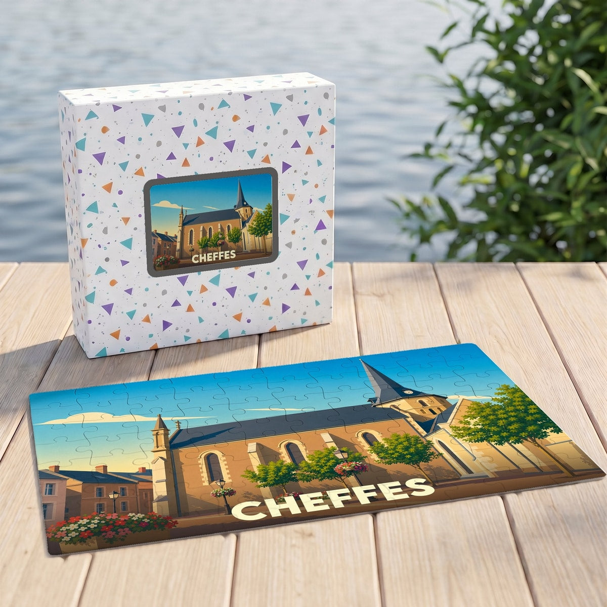 Puzzle souvenir de la ville de Cheffes avec une illustration stylisée de son église et de ses quais.