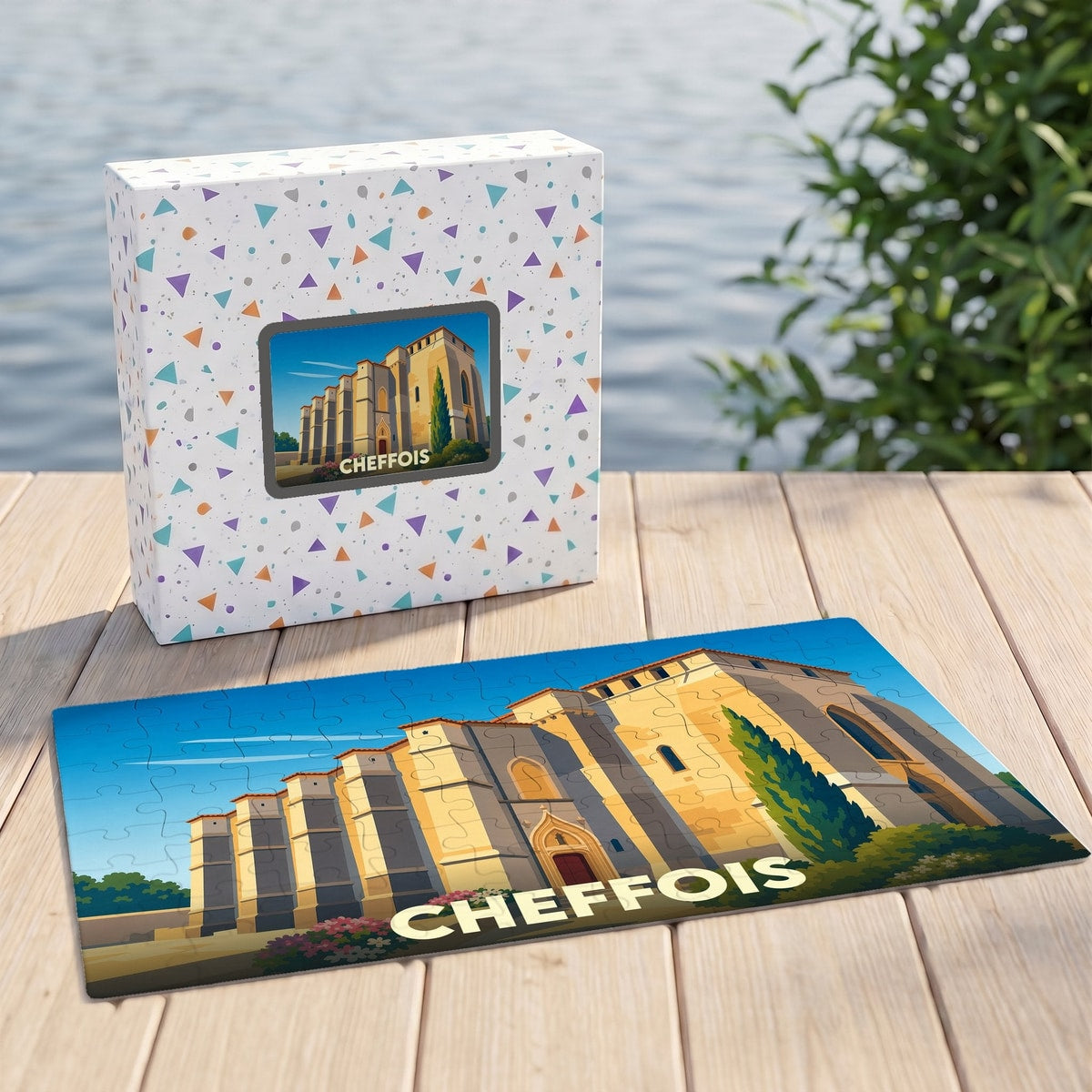 Puzzle souvenir de la ville de Cheffois présentant une illustration stylisée de son église fortifiée.