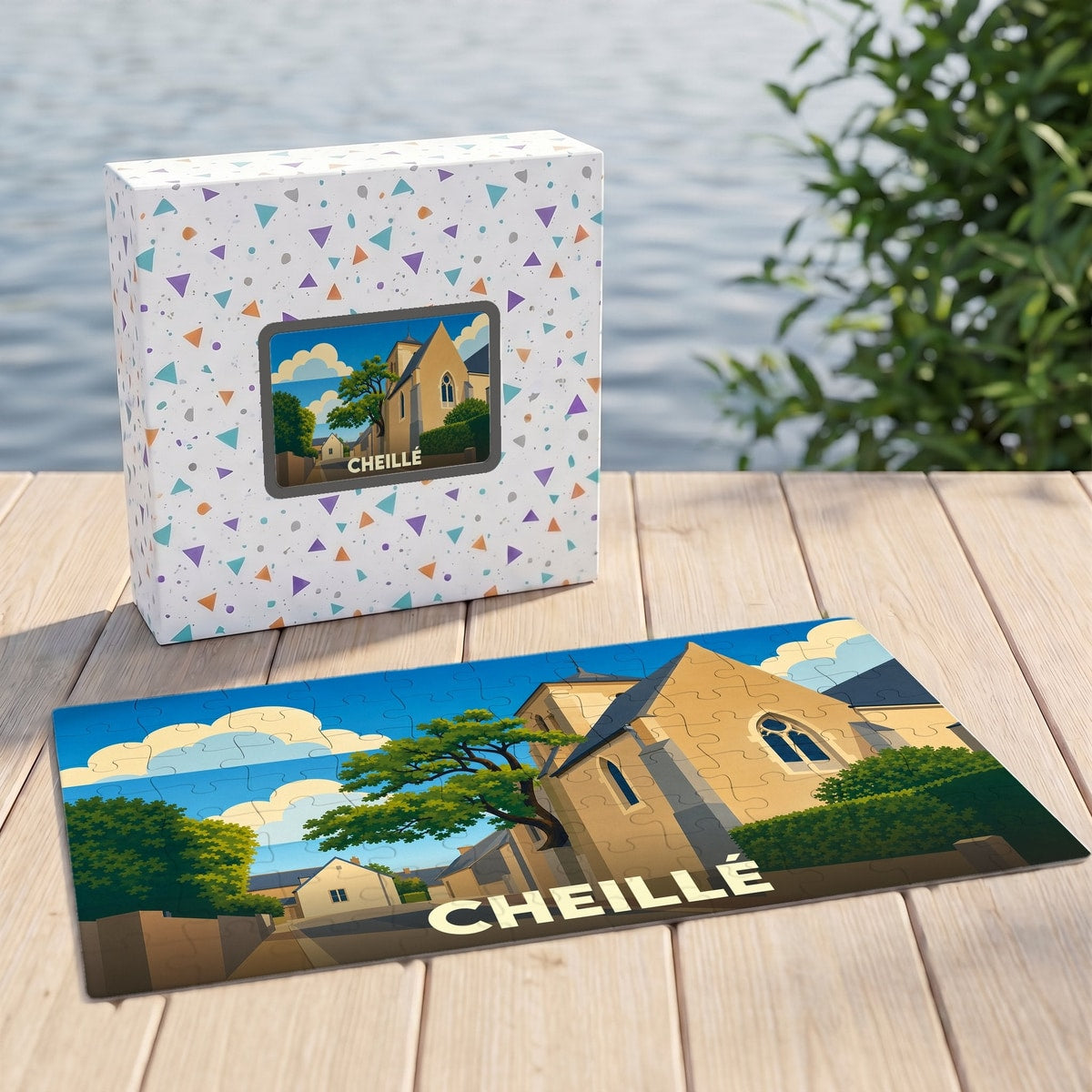 Puzzle souvenir de la ville de Cheillé représentant une illustration stylisée de son église et de ses paysages.