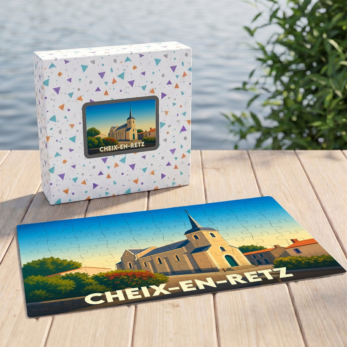 Puzzle souvenir de la ville de Cheix-en-Retz avec une illustration stylisée de son église.