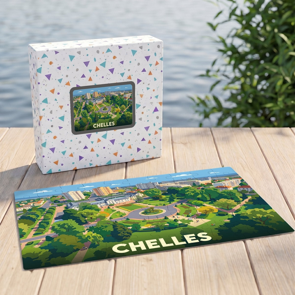 Puzzle souvenir de la ville de Chelles illustré par une vue aérienne stylisée du parc du centre-ville.