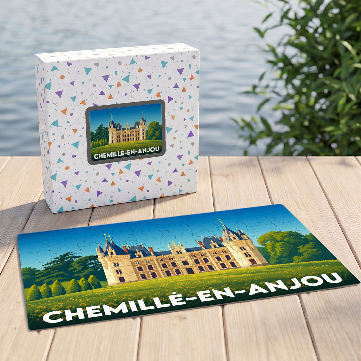 Puzzle souvenir de la ville de Chemillé-en-Anjou avec une illustration stylisée d'un château.