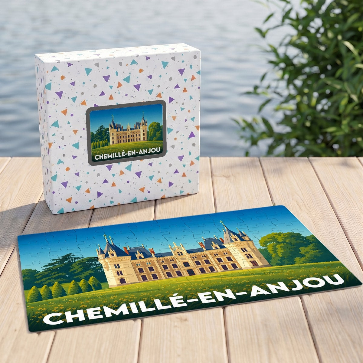 Puzzle souvenir de la ville de Chemillé-en-Anjou avec une illustration stylisée d'un château.