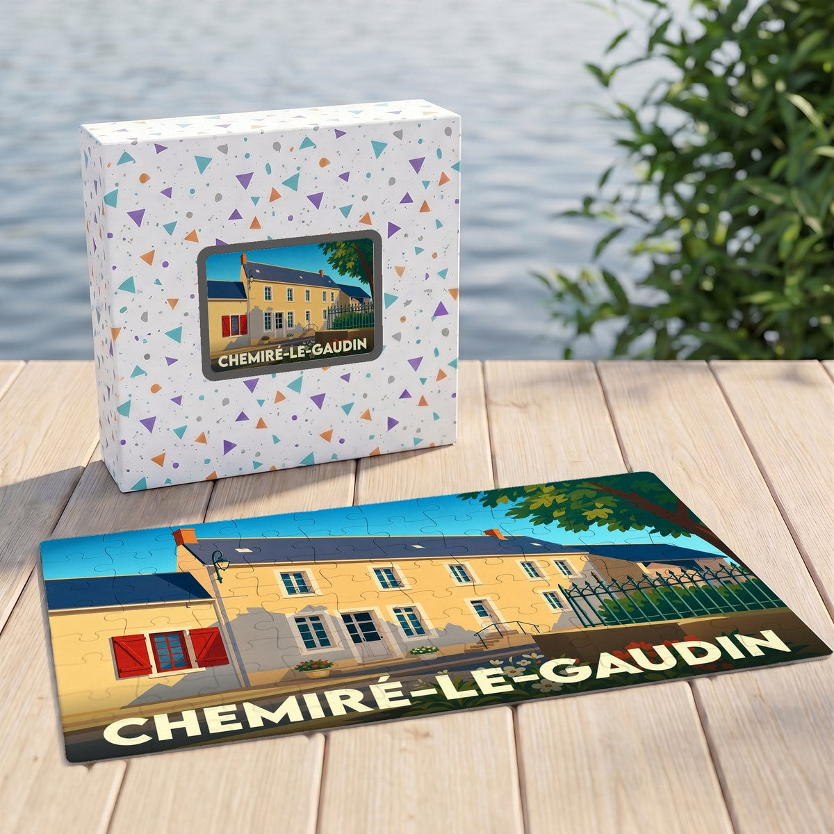Puzzle souvenir de la ville de Chemiré-le-Gaudin avec une illustration stylisée.
