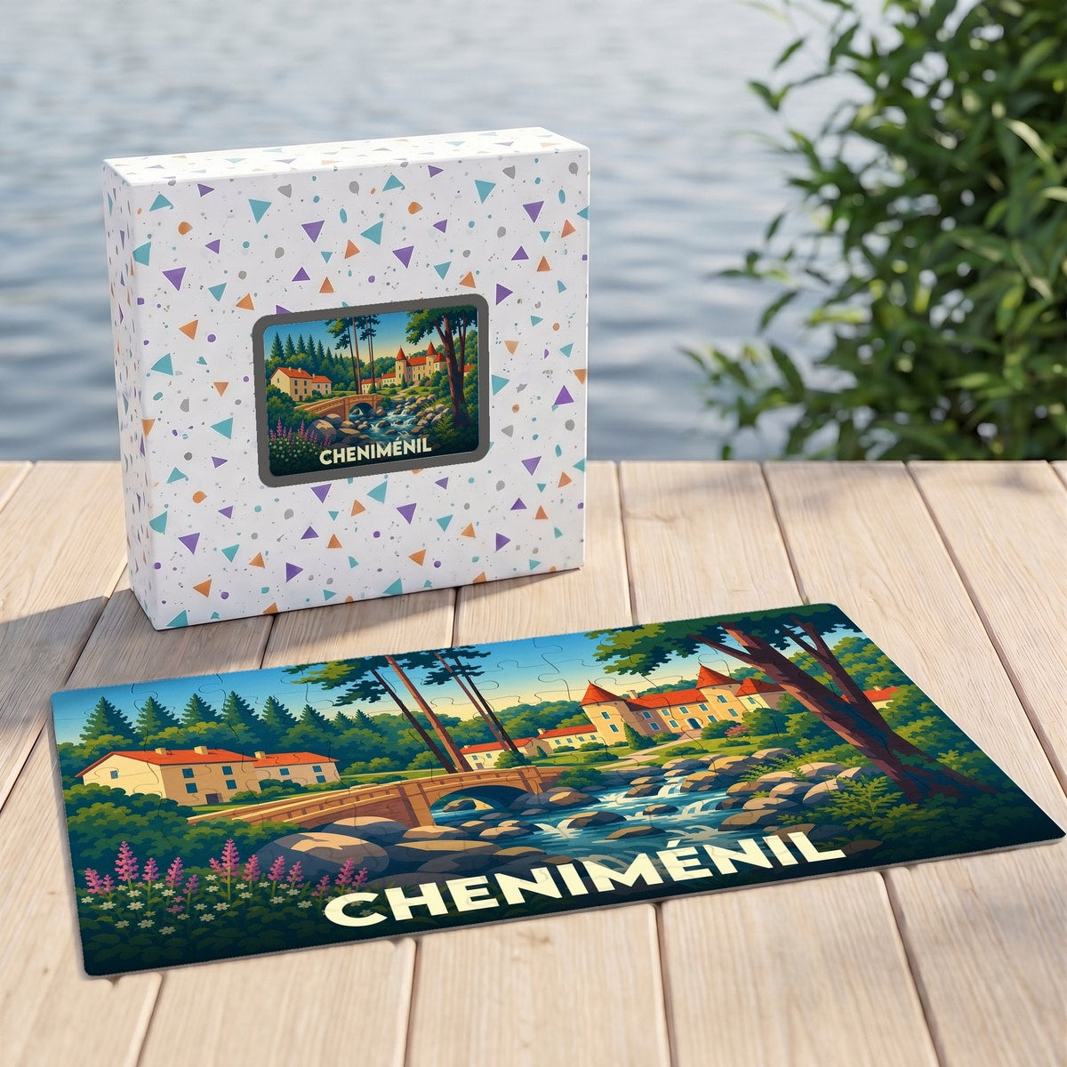 Puzzle souvenir de la ville de Cheniménil avec une illustration stylisée d'un paysage naturel.