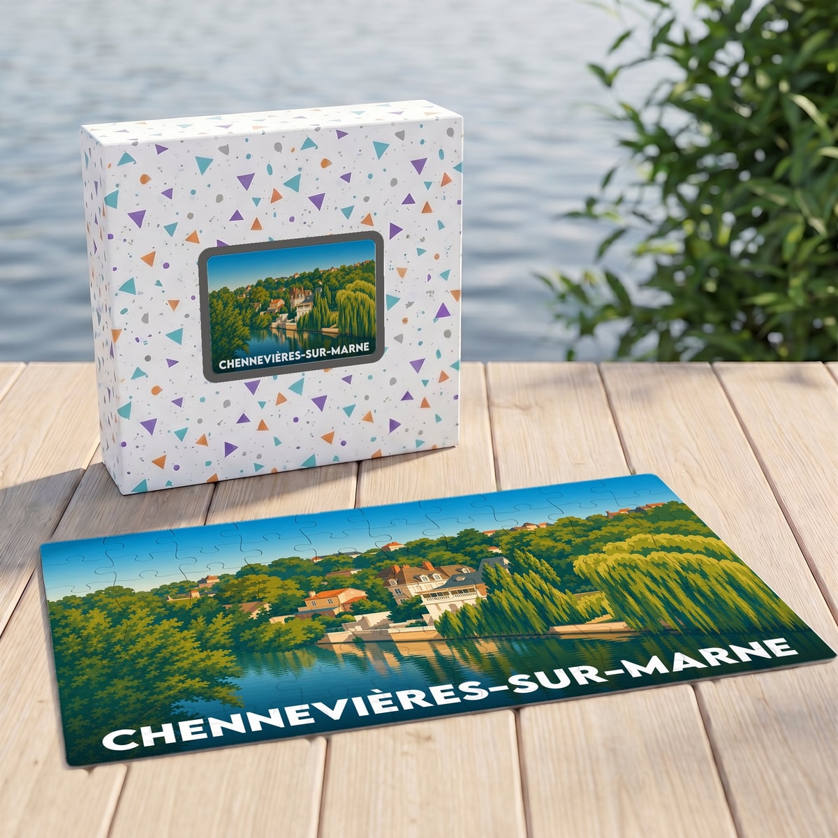 Puzzle souvenir de la ville de Chennevières-sur-Marne avec une illustration stylisée des bords de Marne.