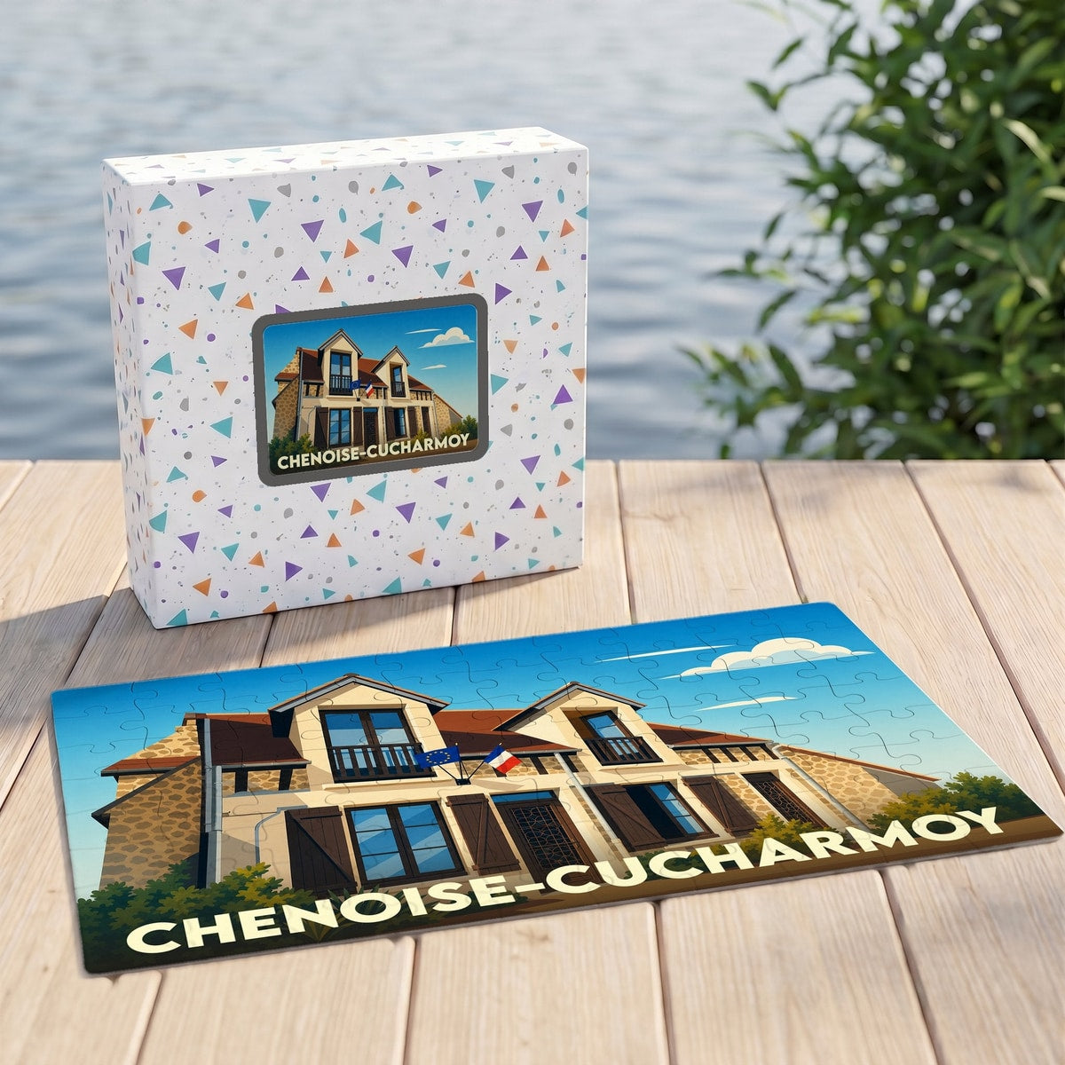 Puzzle souvenir de la ville de Chenoise-Cucharmoy avec une illustration stylisée d'un bâtiment local.