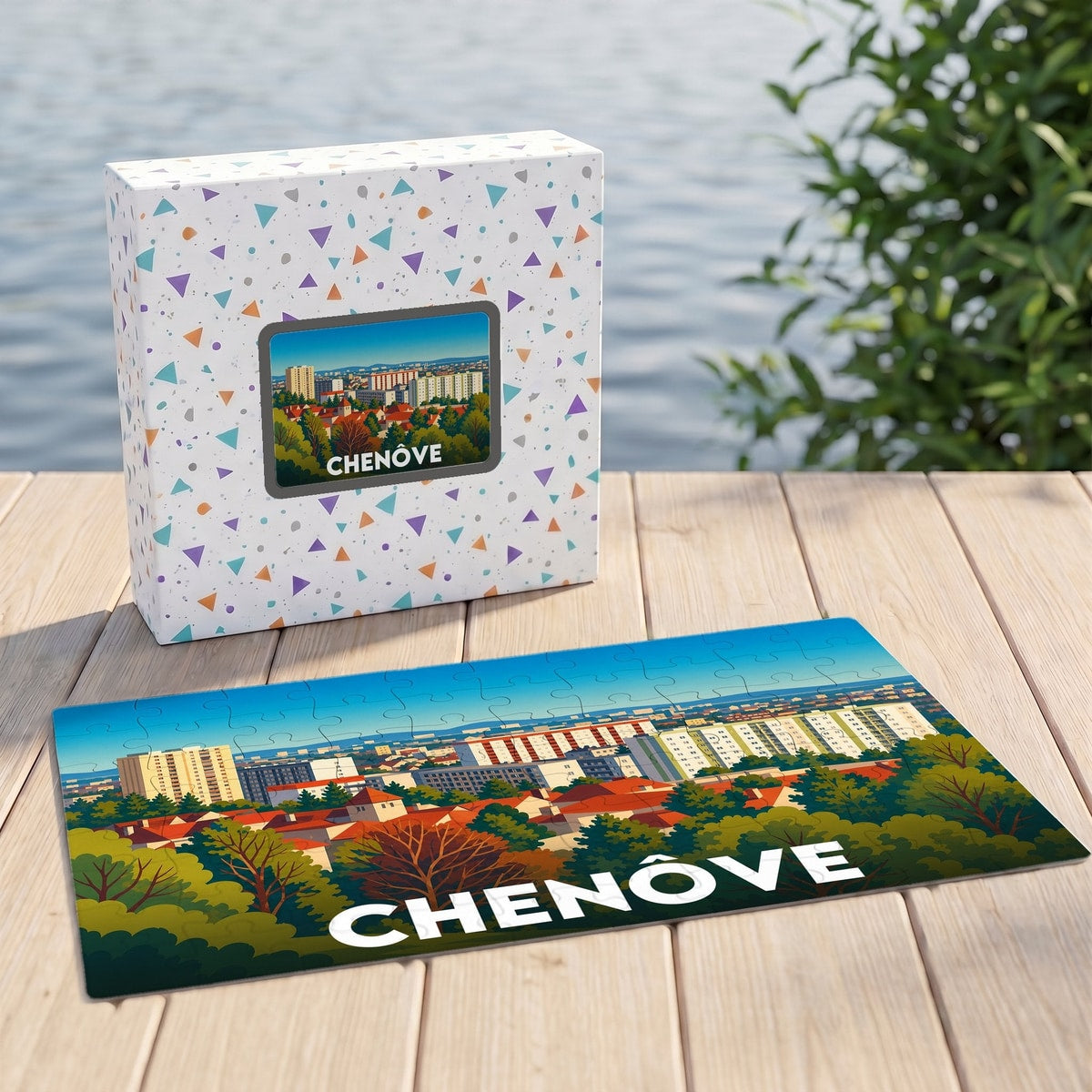 Puzzle souvenir de la ville de Chenôve illustrant son paysage urbain dans un style coloré.