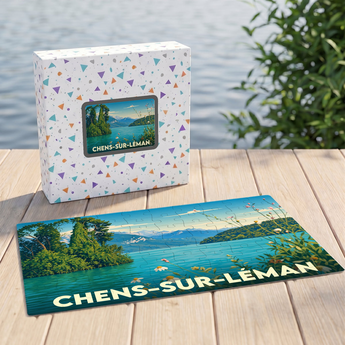 Puzzle souvenir de la ville de Chens-sur-Léman représentant un paysage lacustre illustré.