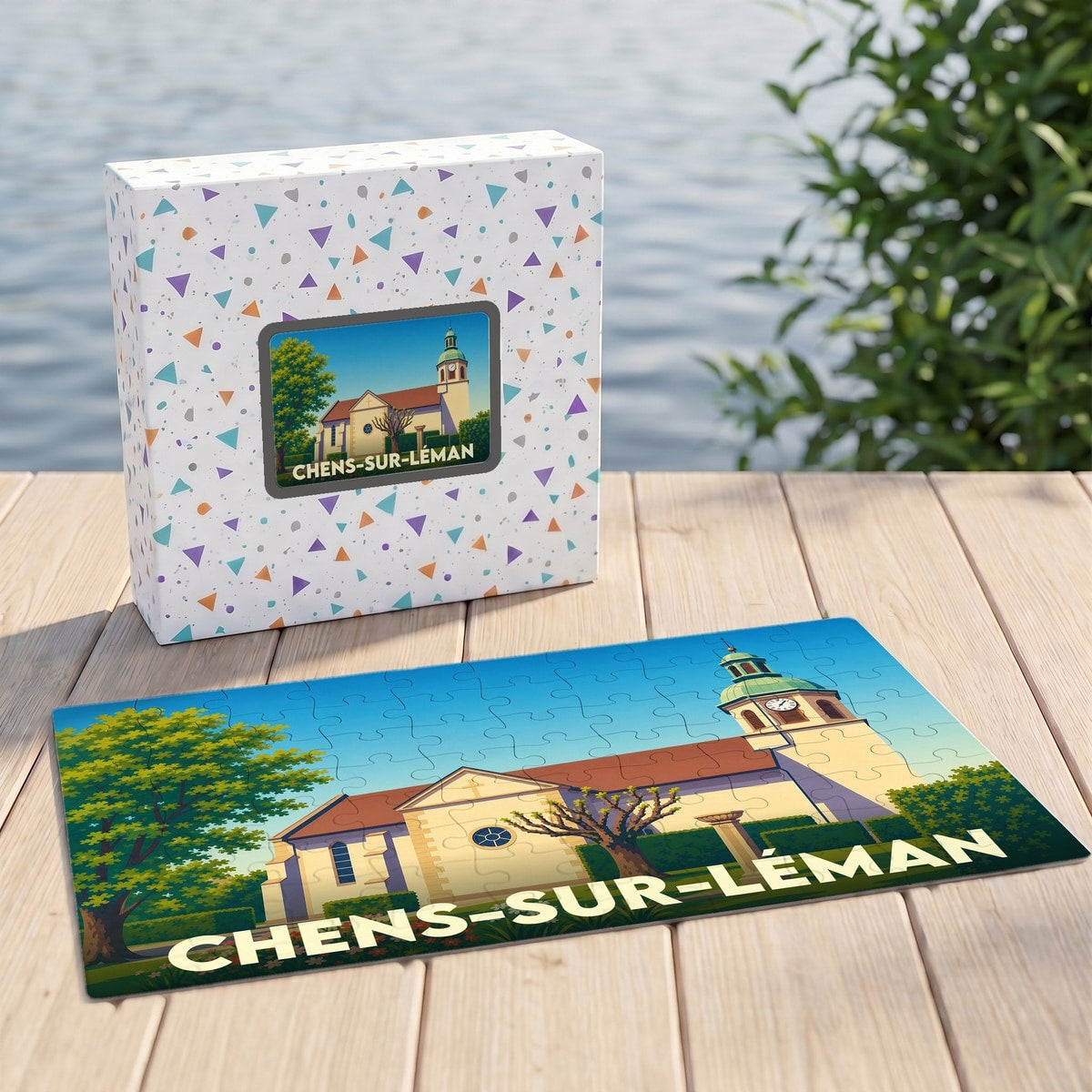 Puzzle souvenir de la ville de Chens-sur-Léman avec une illustration stylisée d'une église locale.