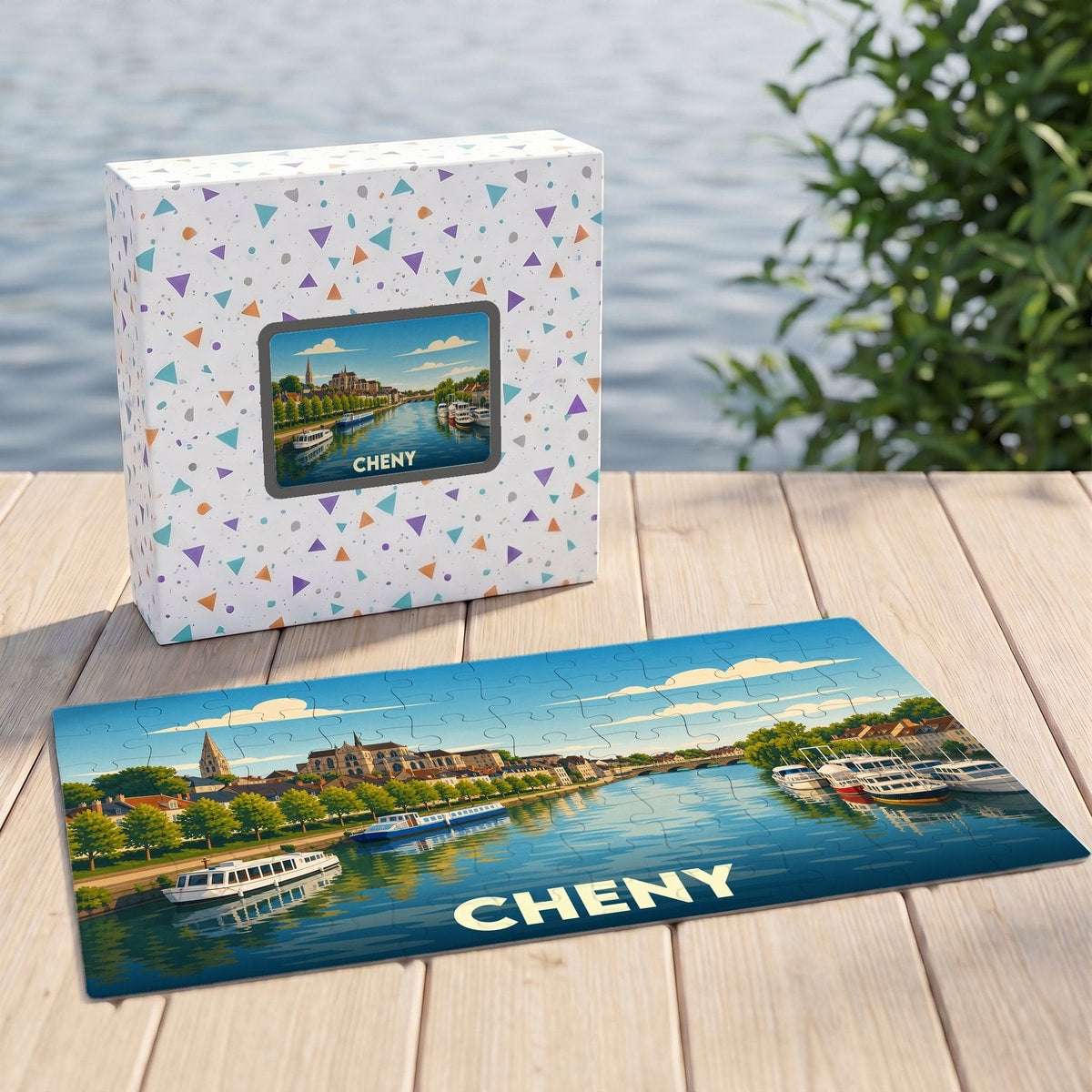 Puzzle souvenir de la ville de Cheny avec une illustration stylisée des bords de l'Yonne.