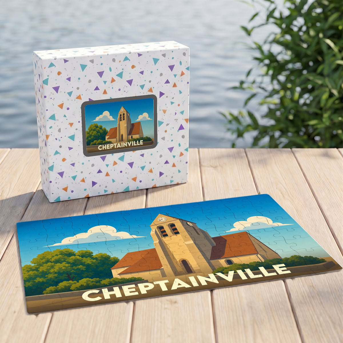 Puzzle souvenir de la ville de Cheptainville avec une illustration stylisée de son église et de son nom.