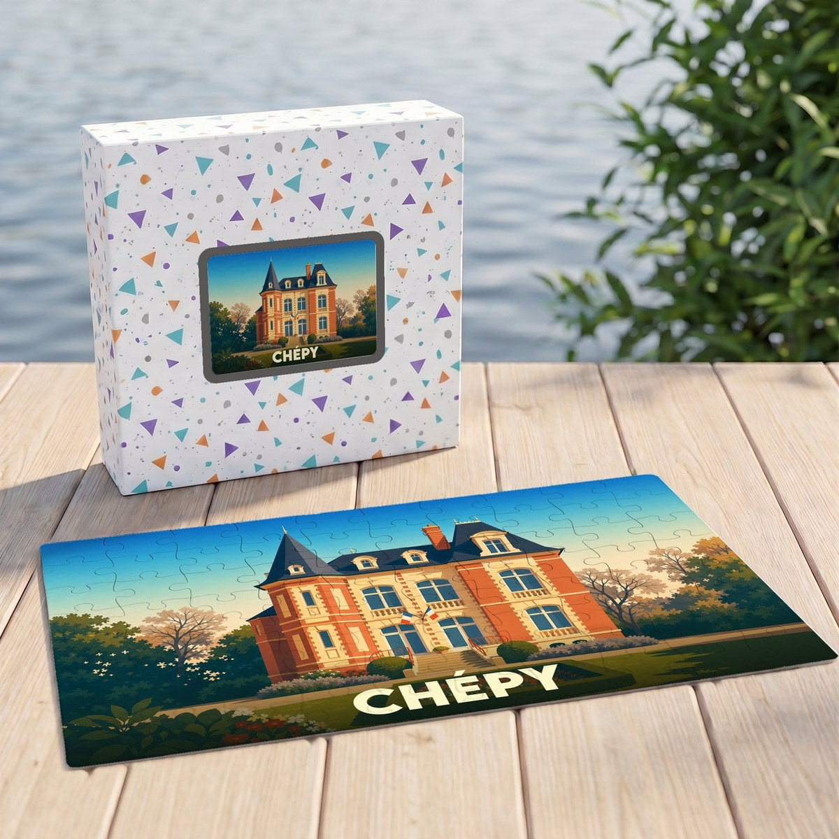 Puzzle souvenir de la ville de Chépy avec une illustration stylisée d'un château.