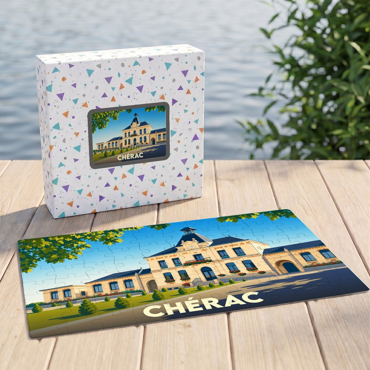 Puzzle souvenir de la ville de Chérac avec une illustration stylisée de son hôtel de ville.