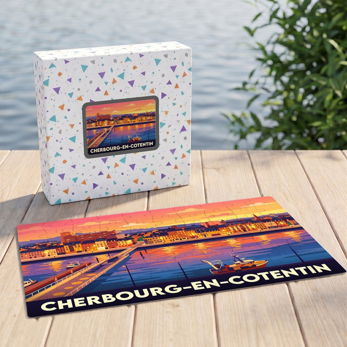 Puzzle souvenir de la ville de Cherbourg-en-Cotentin représentant une illustration stylisée du port au coucher du soleil.