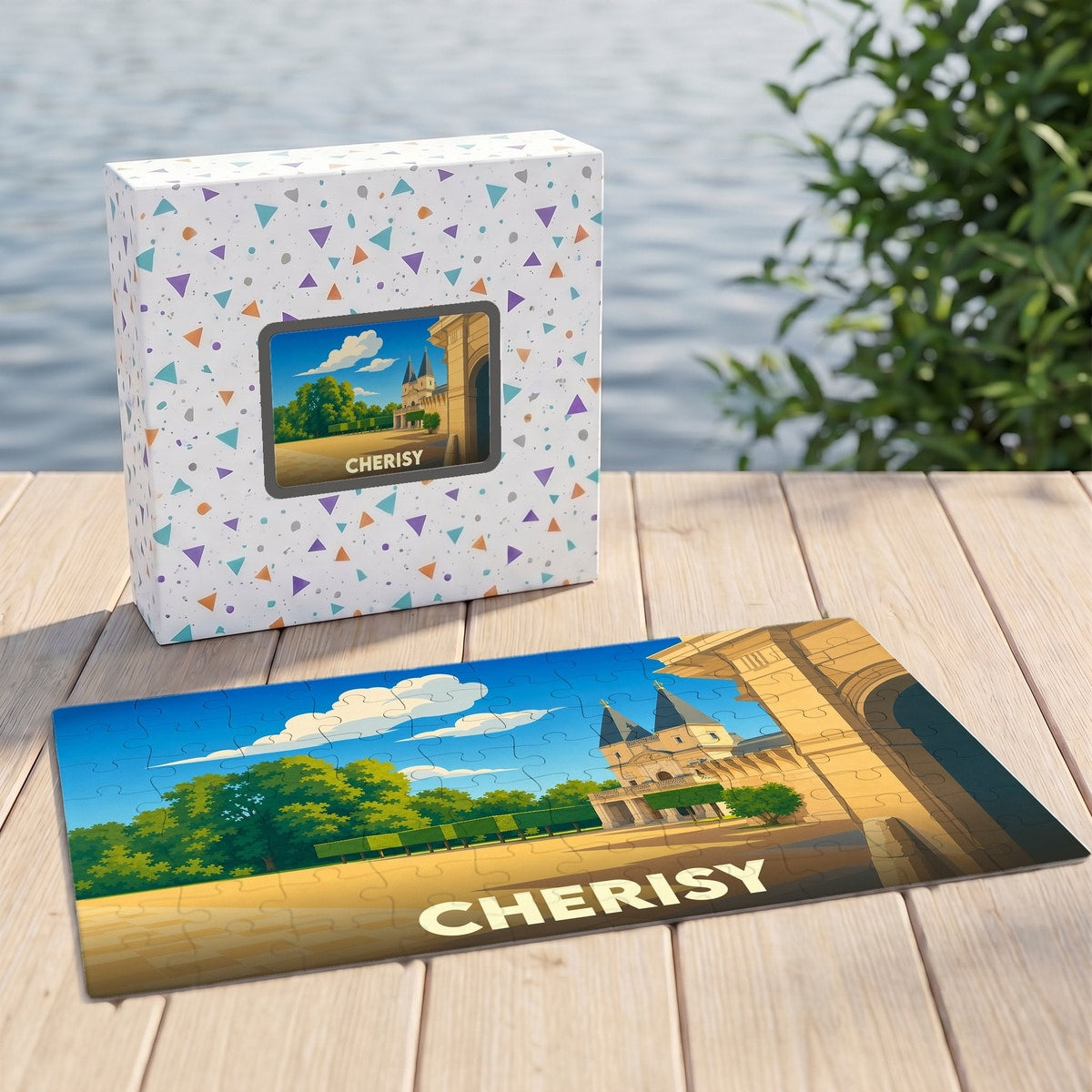 Puzzle souvenir de la ville de Cherisy avec une illustration stylisée d'un château sous un ciel bleu.