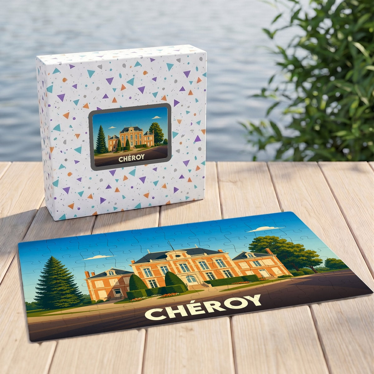 Puzzle souvenir de la ville de Chéroy avec une illustration stylisée d'un manoir.