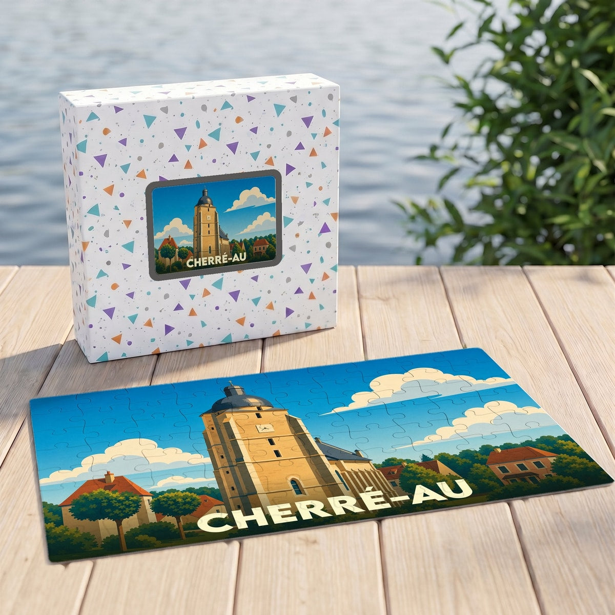 Puzzle souvenir de la ville de Cherré-Au représentant une église et son clocher dans un style illustré.