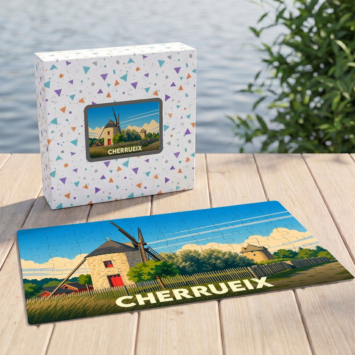 Puzzle souvenir de la ville de Cherrueix présentant une illustration stylisée de moulins à vent.