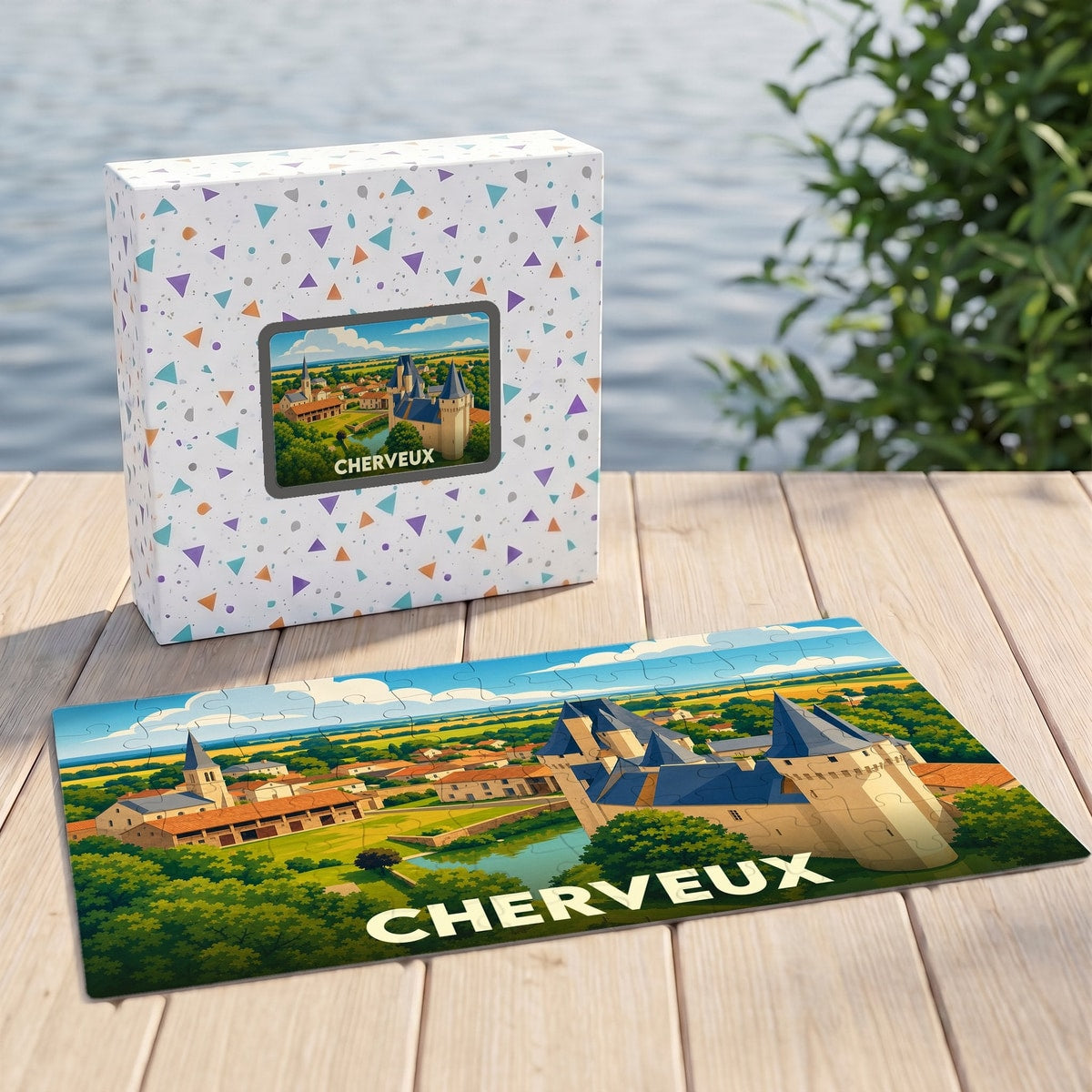 Puzzle souvenir de la ville de Cherveux avec une illustration stylisée d'un château et de son paysage.