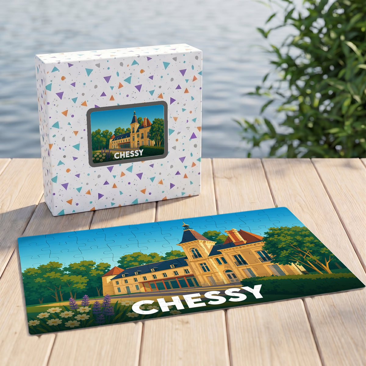 Puzzle souvenir de la ville de Chessy avec une illustration stylisée d'un château.