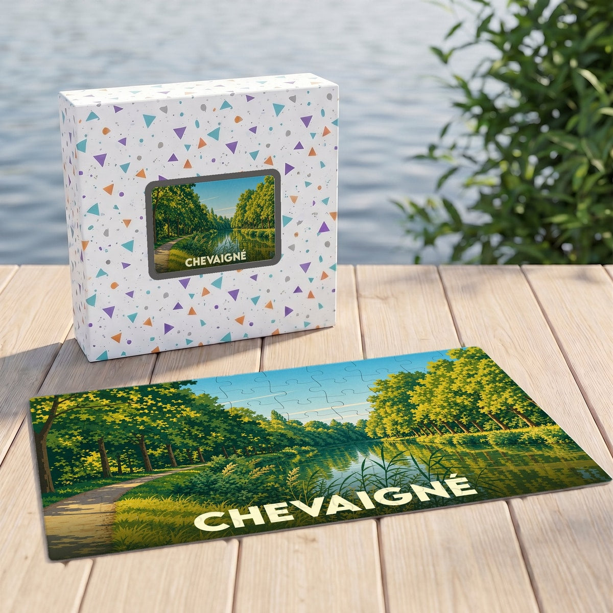 Puzzle souvenir de la ville de Chevaigné avec une illustration de paysage arboré au bord de l'eau.