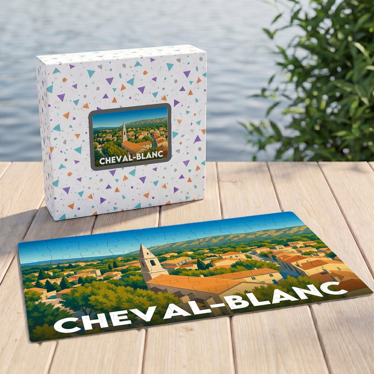 Puzzle souvenir de la ville de Cheval-Blanc avec une illustration stylisée d'un village provençal.