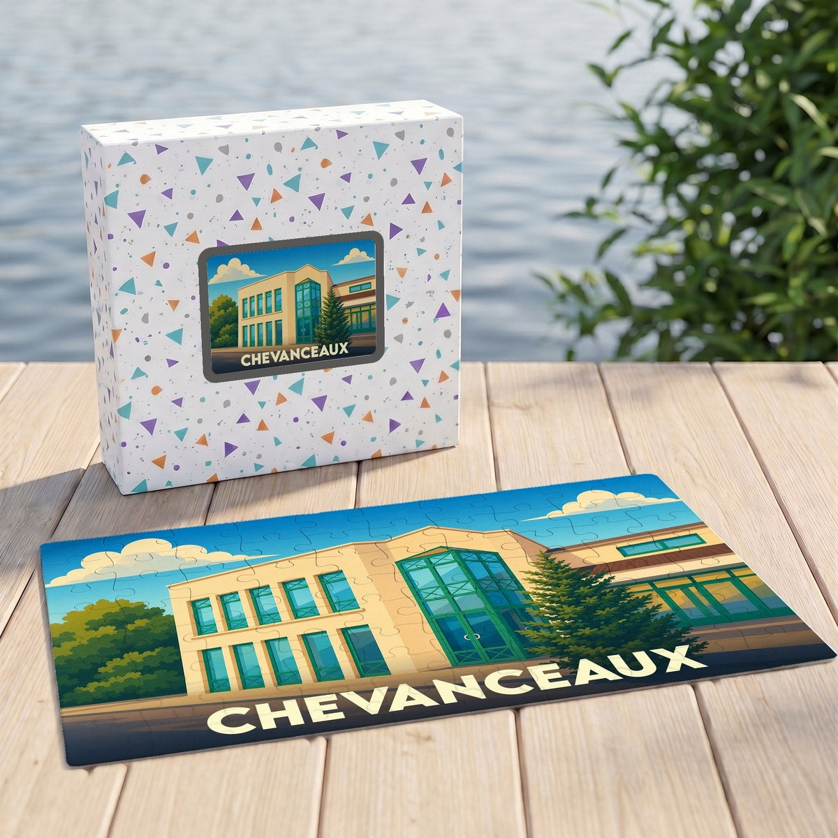 Puzzle souvenir de la ville de Chevanceaux illustrant un bâtiment moderne avec un style graphique épuré.