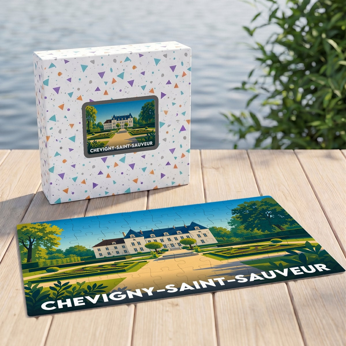 Puzzle souvenir de la ville de Chevigny-Saint-Sauveur illustrant un château et ses jardins à la française.