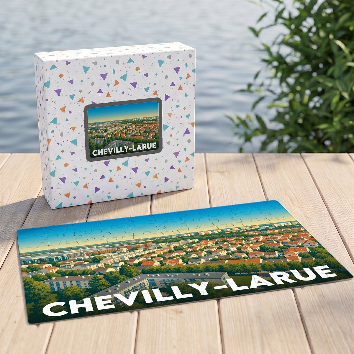 Puzzle souvenir de la ville de Chevilly-Larue présentant une illustration stylisée du paysage urbain.