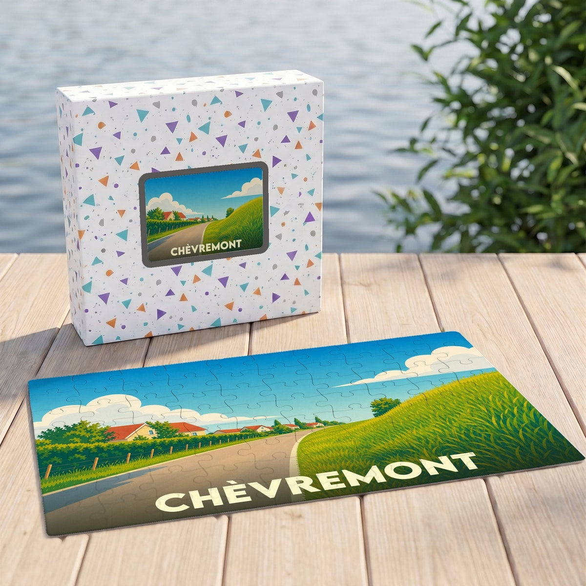 Puzzle souvenir de la ville de Chèvremont avec une illustration stylisée de son paysage champêtre.