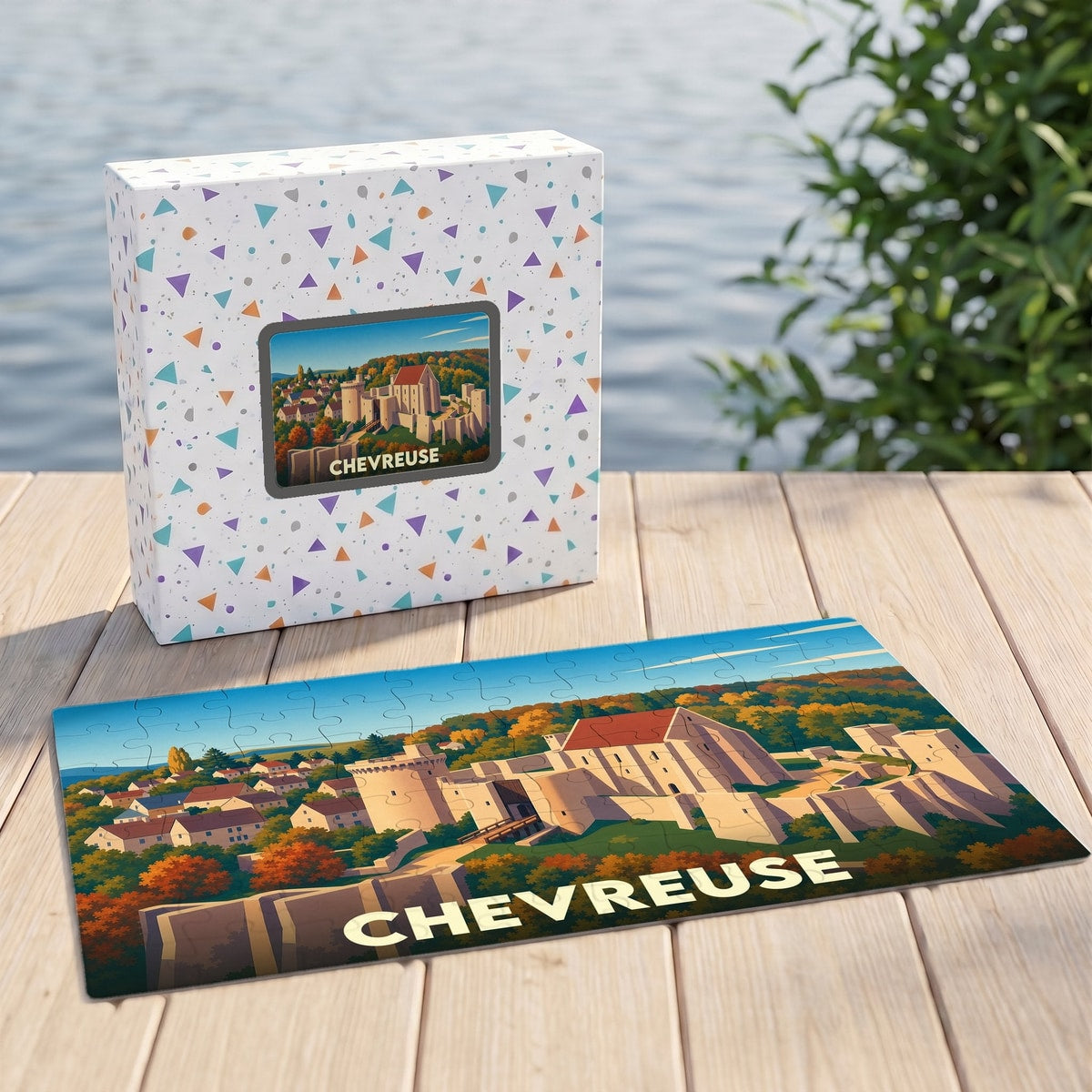 Puzzle souvenir de la ville de Chevreuse avec une illustration stylisée de son château.