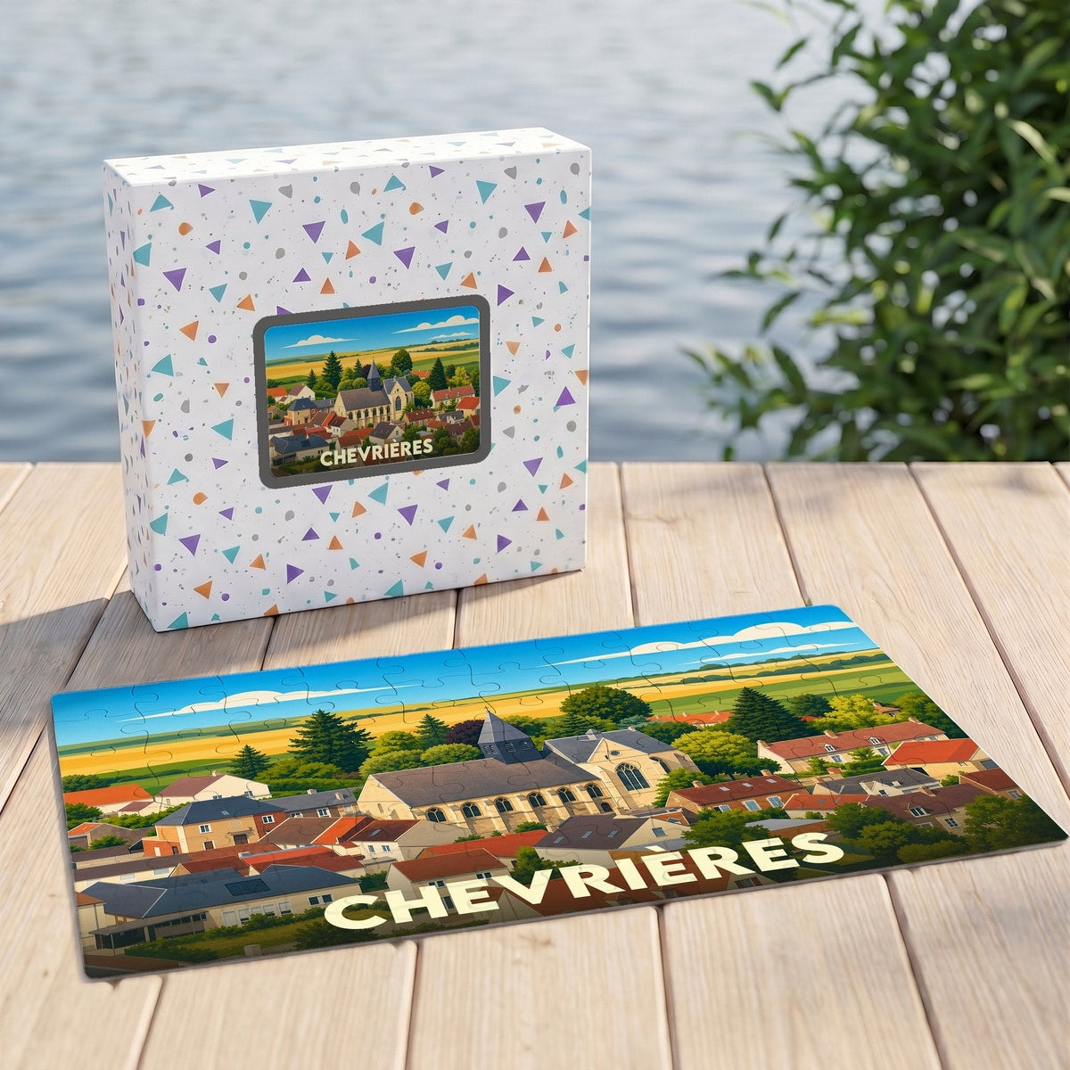 Puzzle souvenir de la ville de Chevrières avec une illustration stylisée d'un paysage urbain.