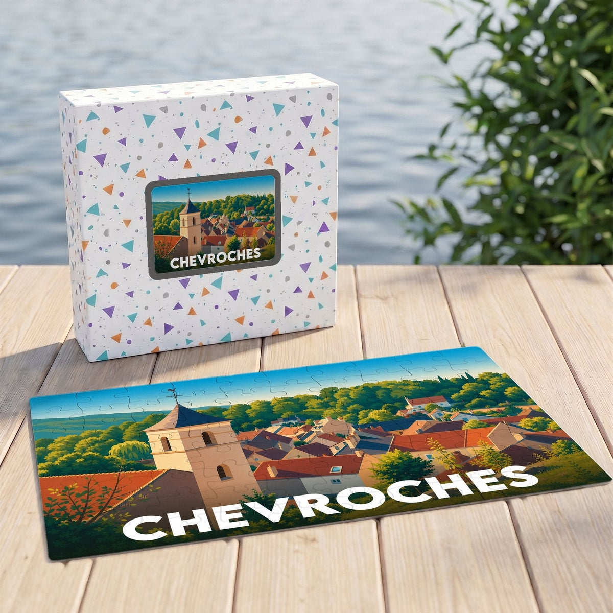 Puzzle souvenir de la ville de Chevroches illustrant un paysage de village pittoresque avec son église.