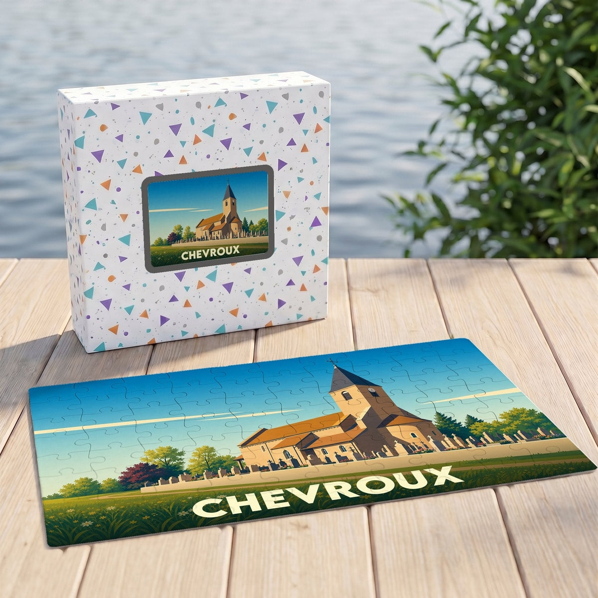 Puzzle souvenir de la ville de Chevroux représentant son église dans un style illustré.