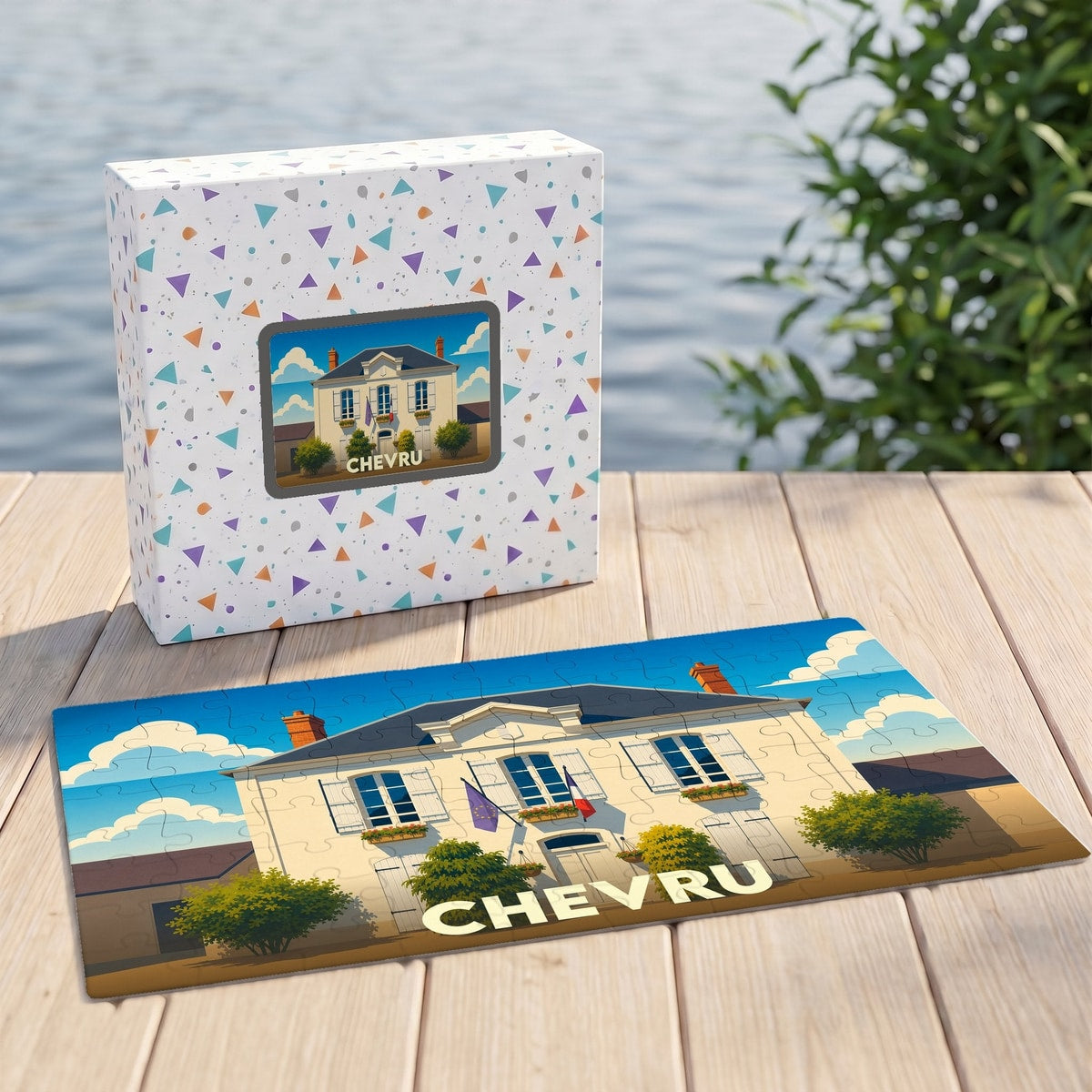 Puzzle souvenir de la ville de Chevru illustrant sa mairie dans un style graphique épuré.