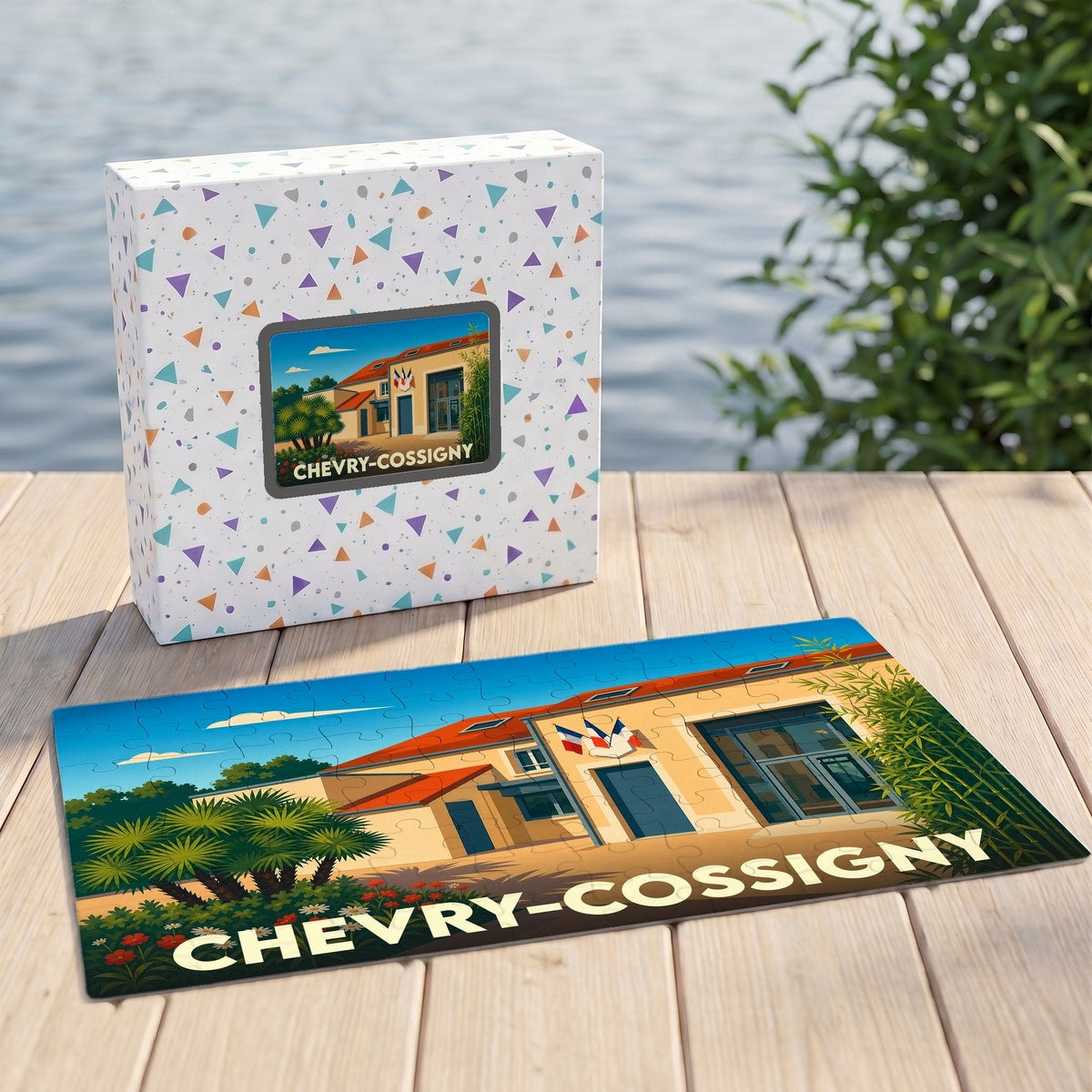 Puzzle souvenir de la ville de Chevry-Cossigny avec une illustration stylisée de sa mairie.