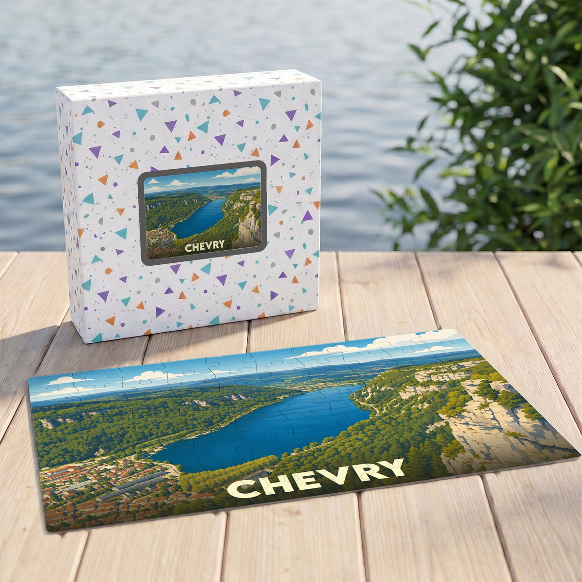 Puzzle souvenir de la ville de Chevry représentant un paysage de lac et de falaises avec une illustration stylisée.