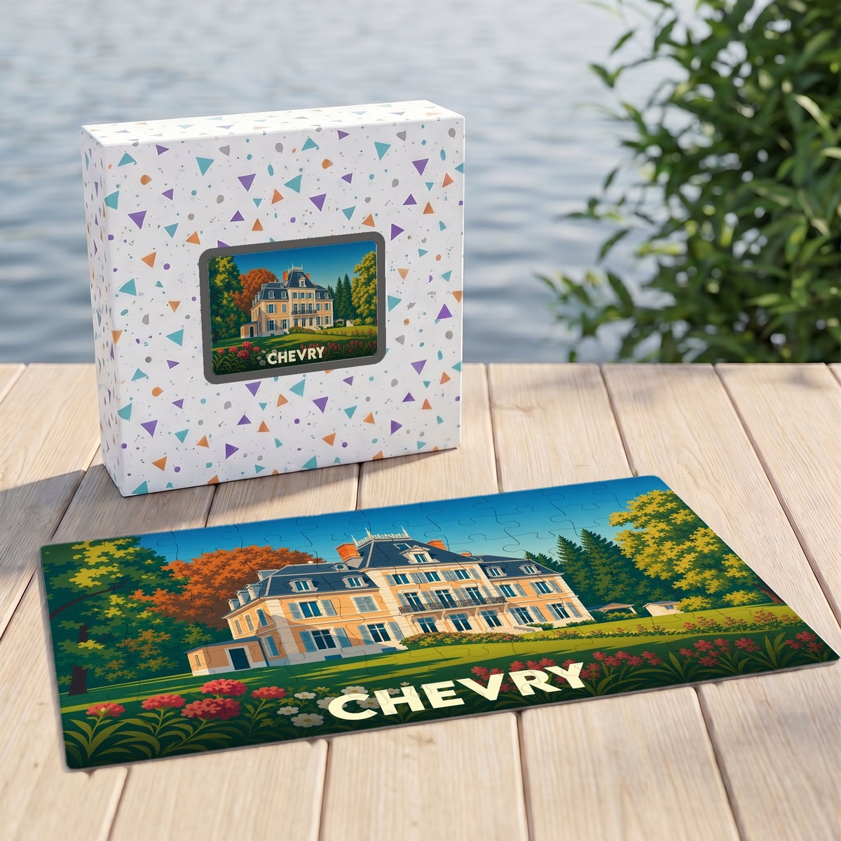 Puzzle souvenir de la ville de Chevry avec une illustration stylisée d'un manoir.