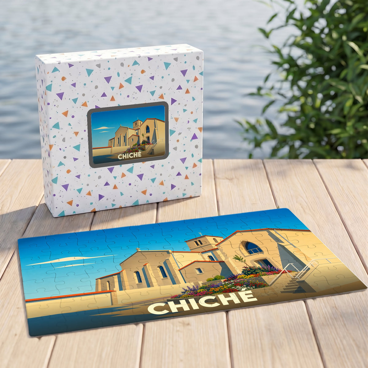 Puzzle souvenir de la ville de Chiché avec une illustration stylisée de son église.