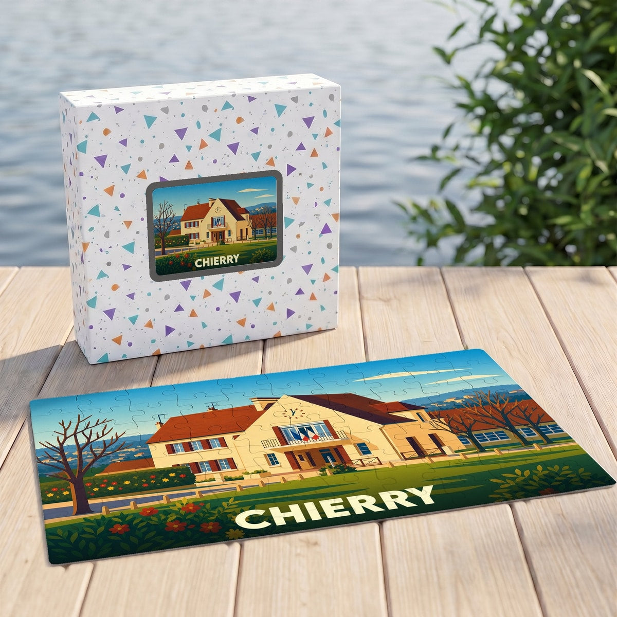 Puzzle souvenir de la ville de Chierry avec une illustration stylisée de sa mairie.