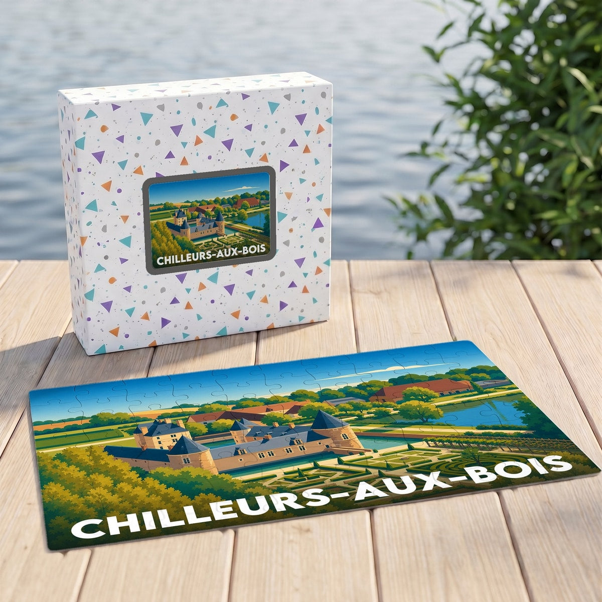 Puzzle souvenir de la ville de Chilleurs-aux-Bois avec une illustration stylisée de son château.