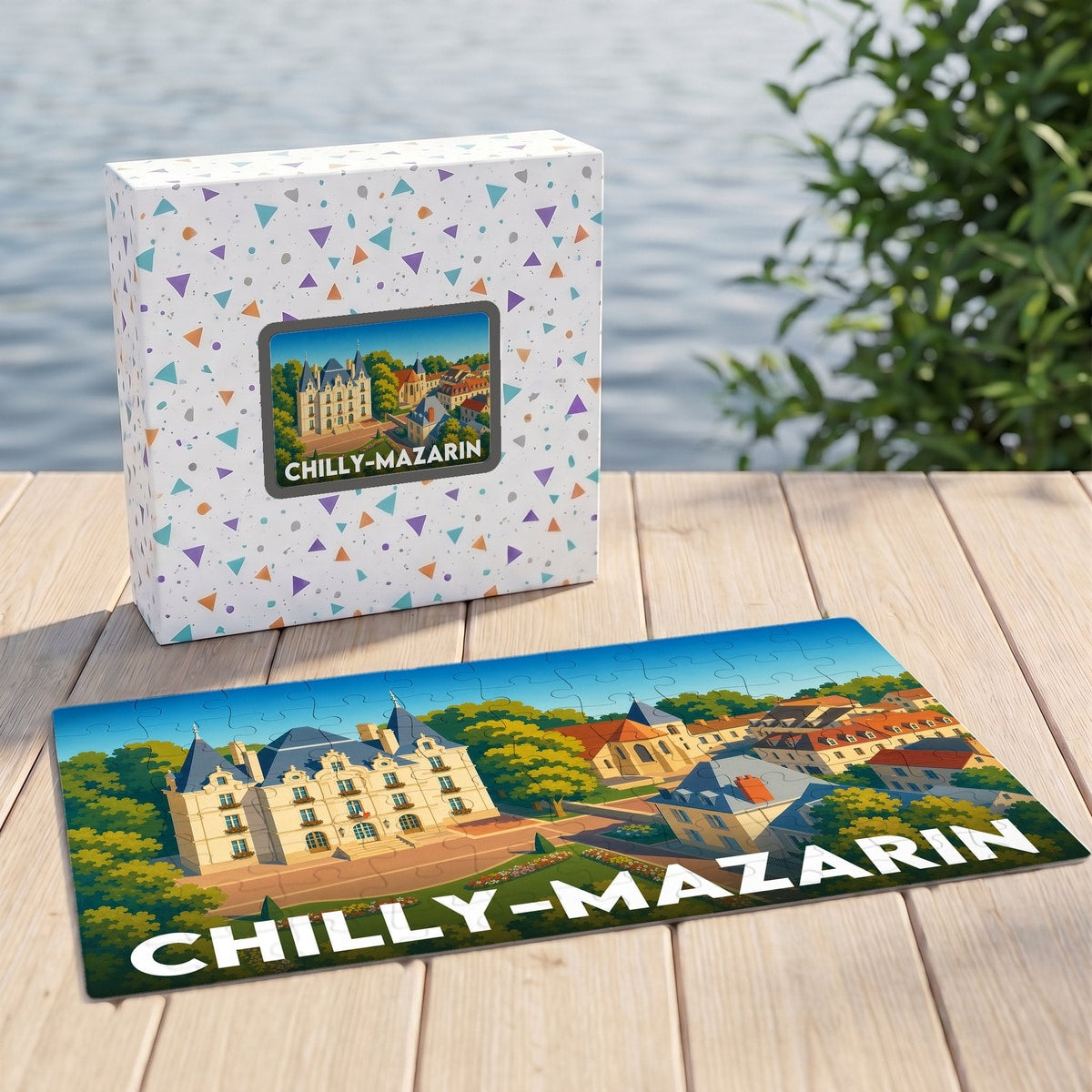 Puzzle souvenir de la ville de Chilly-Mazarin avec une illustration stylisée de son patrimoine.