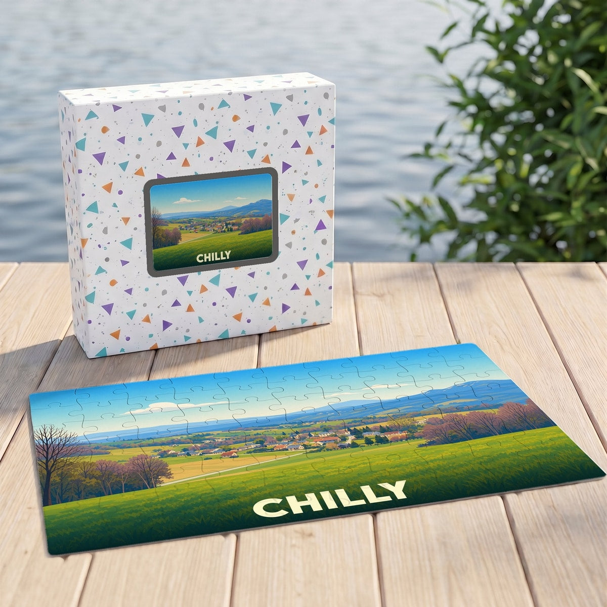 Puzzle souvenir de la ville de Chilly avec une illustration de paysage champêtre.