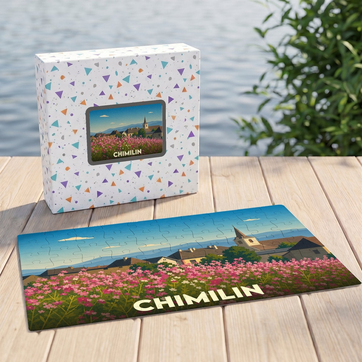 Puzzle souvenir de la ville de Chimilin avec une illustration stylisée de fleurs roses et du clocher de l'église.