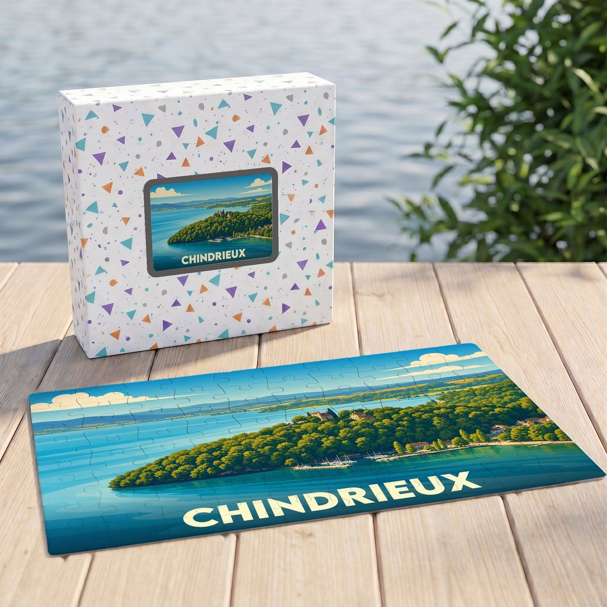 Puzzle souvenir de la ville de Chindrieux avec une illustration stylisée d'un paysage lacustre.