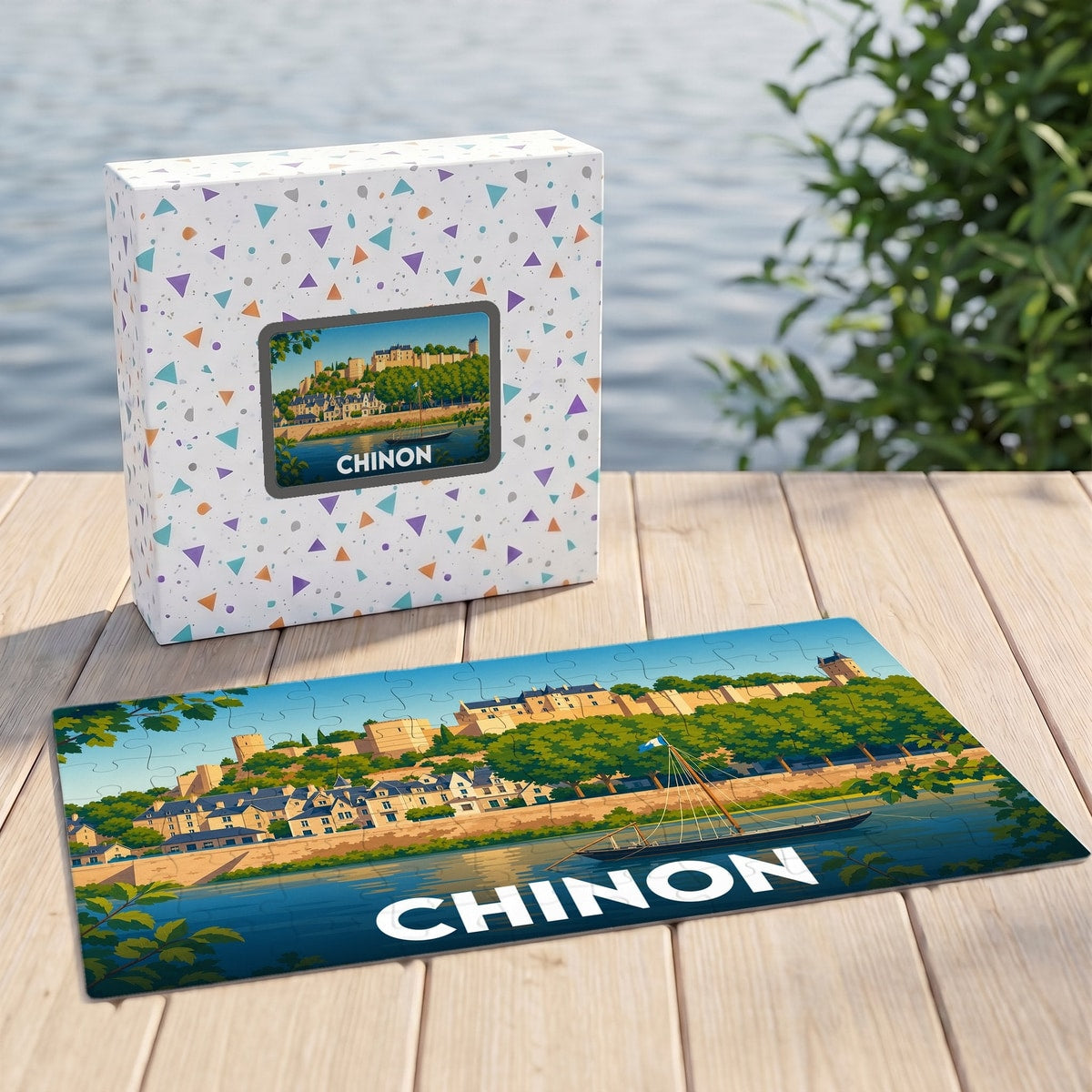 Puzzle souvenir de la ville de Chinon avec une illustration stylisée de son château et de la rivière.