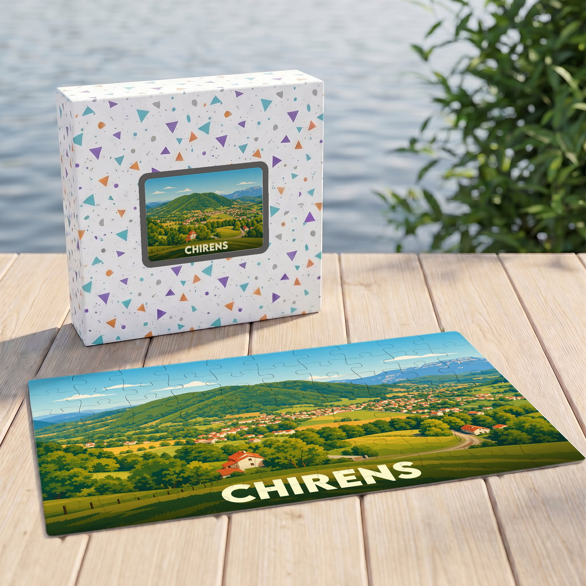 Puzzle souvenir de la ville de Chirens avec une illustration de paysage vallonné.