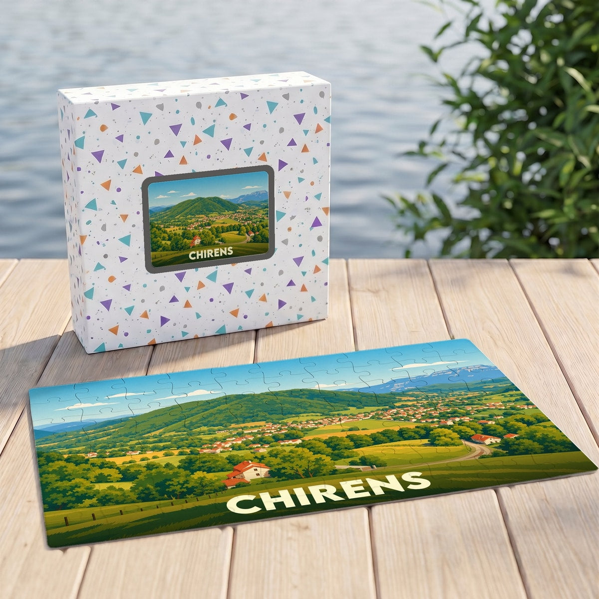 Puzzle souvenir de la ville de Chirens avec une illustration de paysage vallonné.